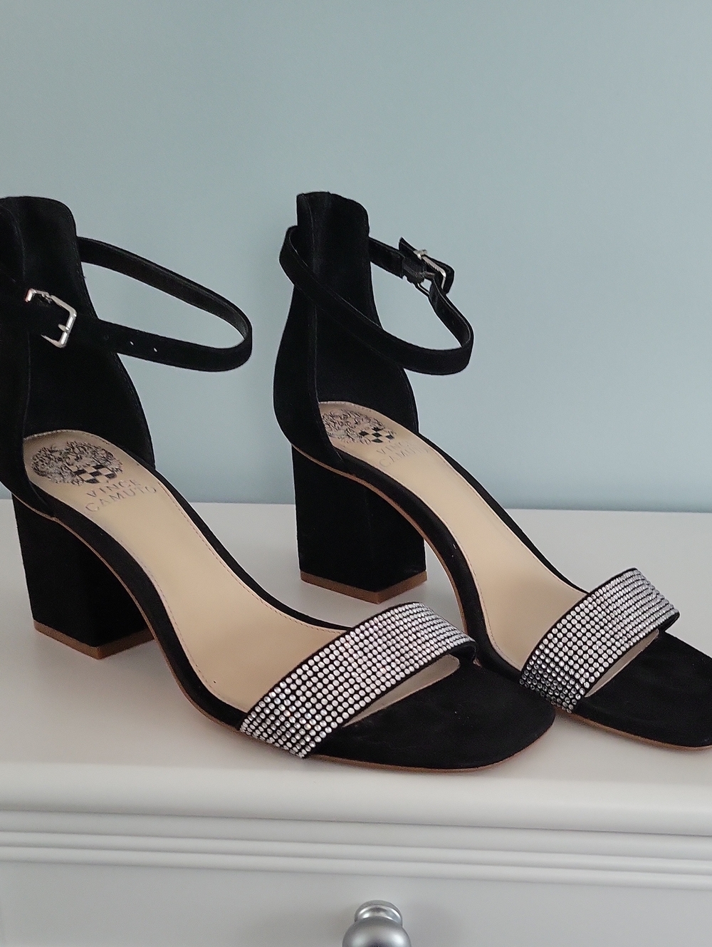 Vince Camuto Black Block Heel Sandals with Crystal Strap